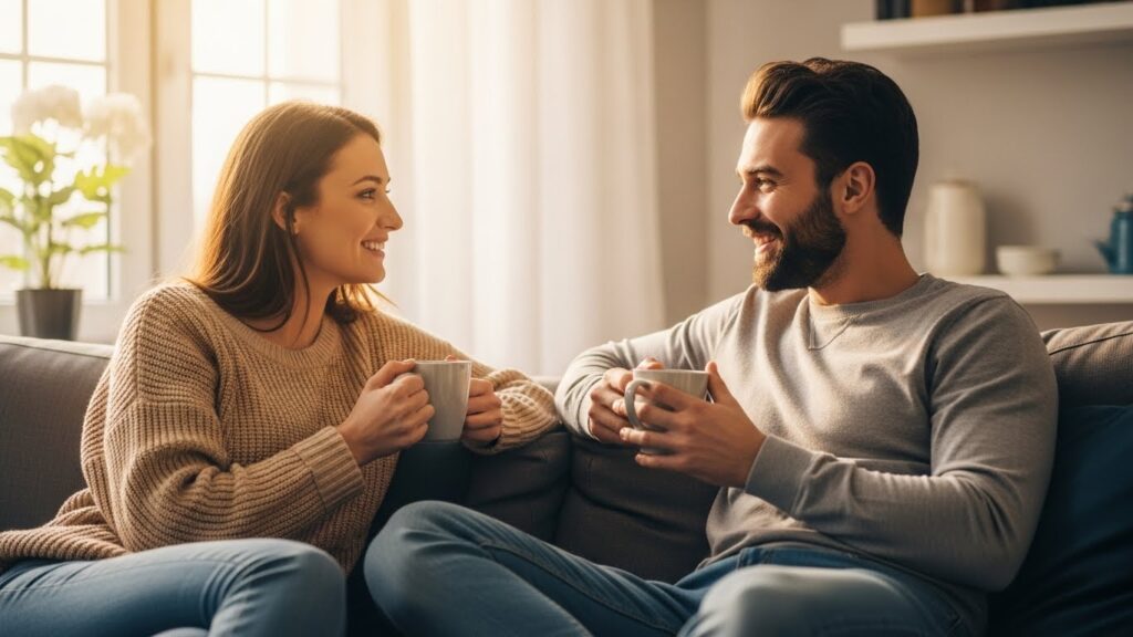Happy couple talking on a sofa to build strong relationships through better communication.