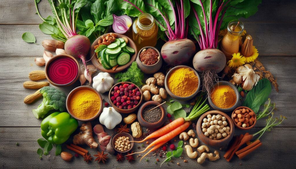 A variety of detoxifying foods and herbs like beets, garlic, dandelion root, and turmeric, promote natural detox.