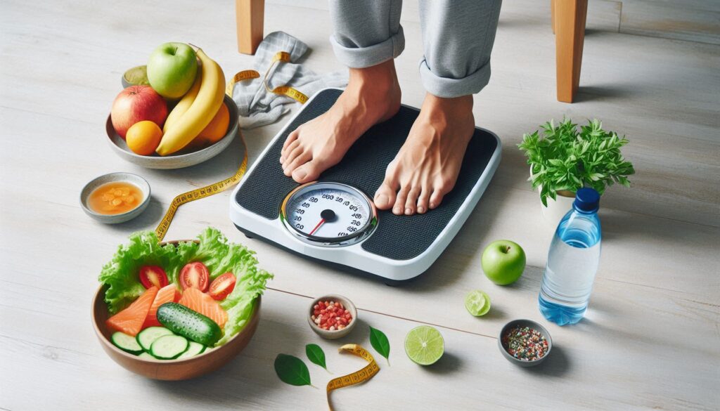 Person weighing themselves on a scale, symbolizing healthy weight management.