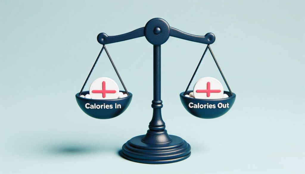 A visual representation of calorie balance, with a scale showing "calories in" and "calories out.