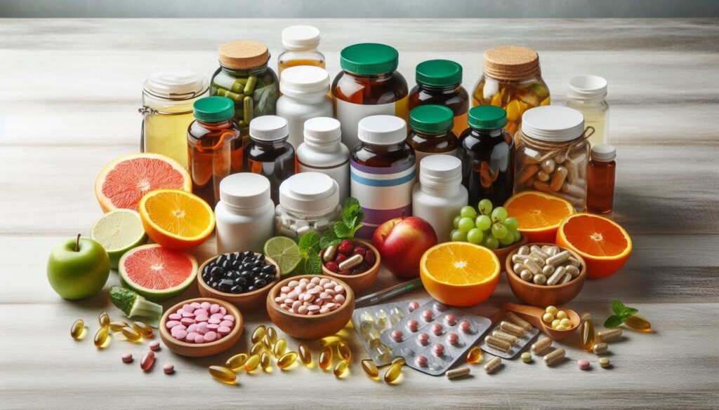 Various dietary supplements like vitamins, minerals, and probiotics displayed on a table