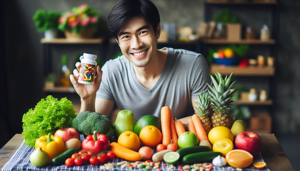 A person considering taking a multivitamin supplement while surrounded by fresh produce