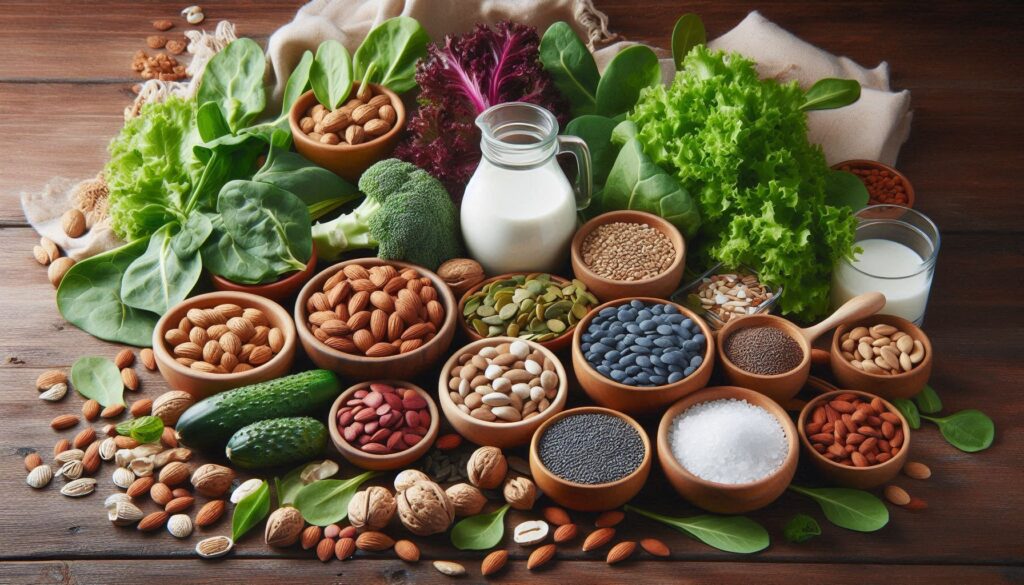 Assortment of foods rich in minerals like leafy greens, nuts, seeds, and dairy