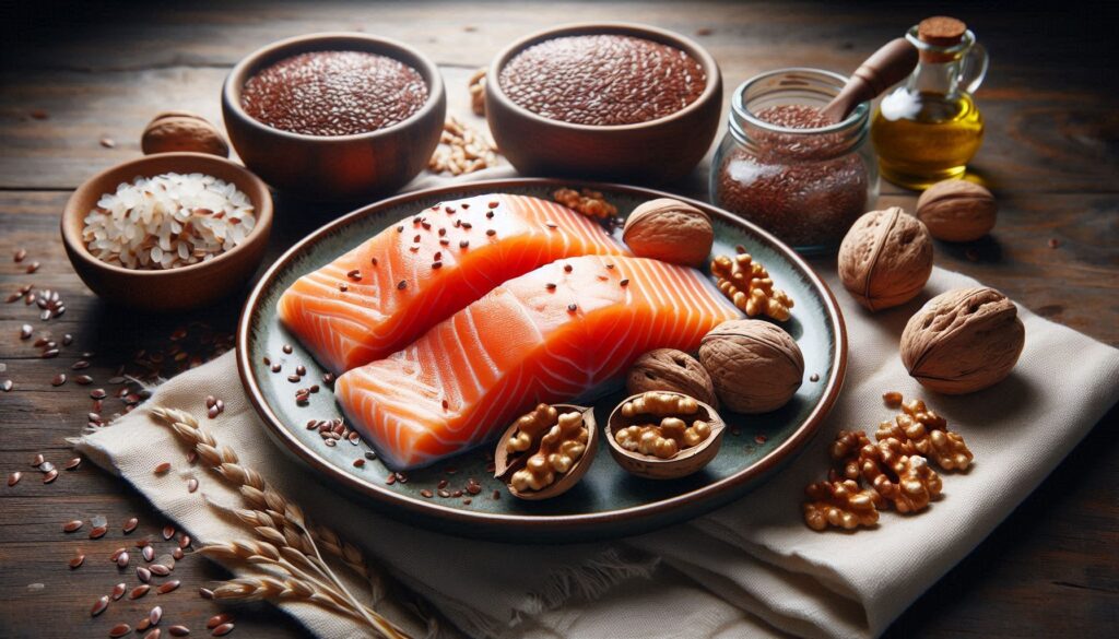 Healthy foods rich in Omega-3 fatty acids like salmon, walnuts, and flaxseeds