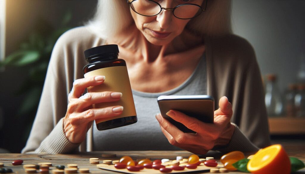 Person reading a dietary supplement label, emphasizing the importance of informed choices.