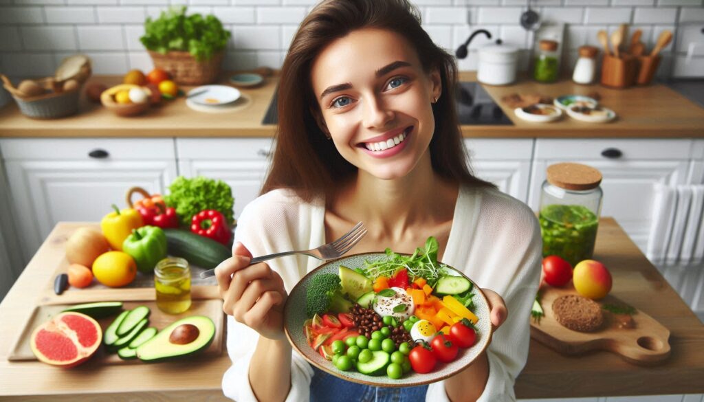 A person enjoying a nutritious meal, showcasing the link between diet and mental well-being.