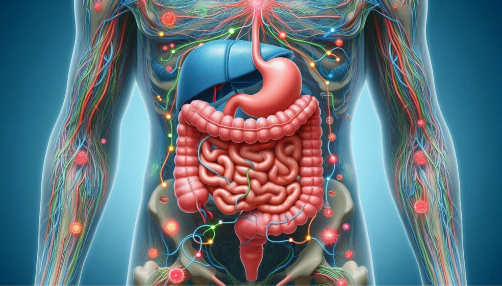 Diagram illustrating the connection between the gut and the brain, highlighting the gut-brain axis and its impact on mental health.