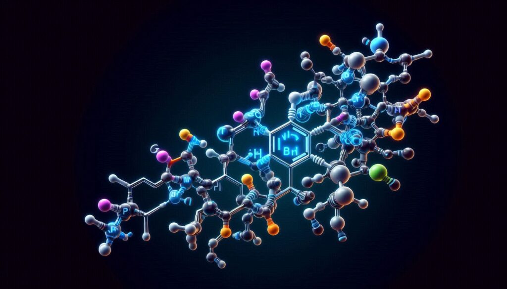 Molecular structure of serotonin, a neurotransmitter important for mood and mental health.