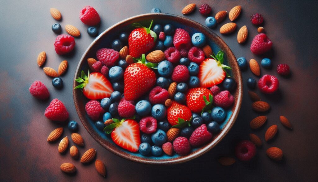 Colorful fruits and nuts, rich in antioxidants that support brain health and mental well-being.