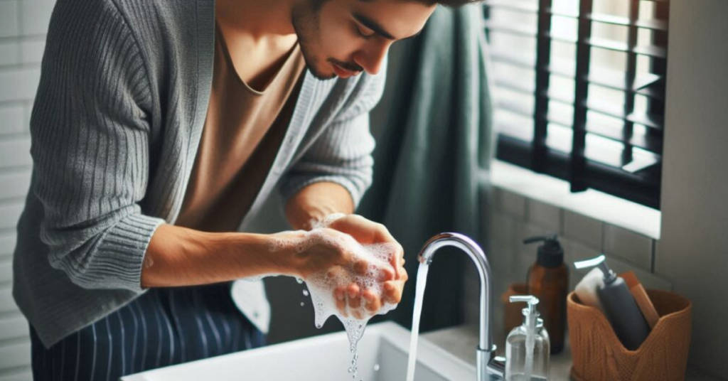 Man washing hands with soap and water to prevent the spread of monkeypox and other infectious diseases.