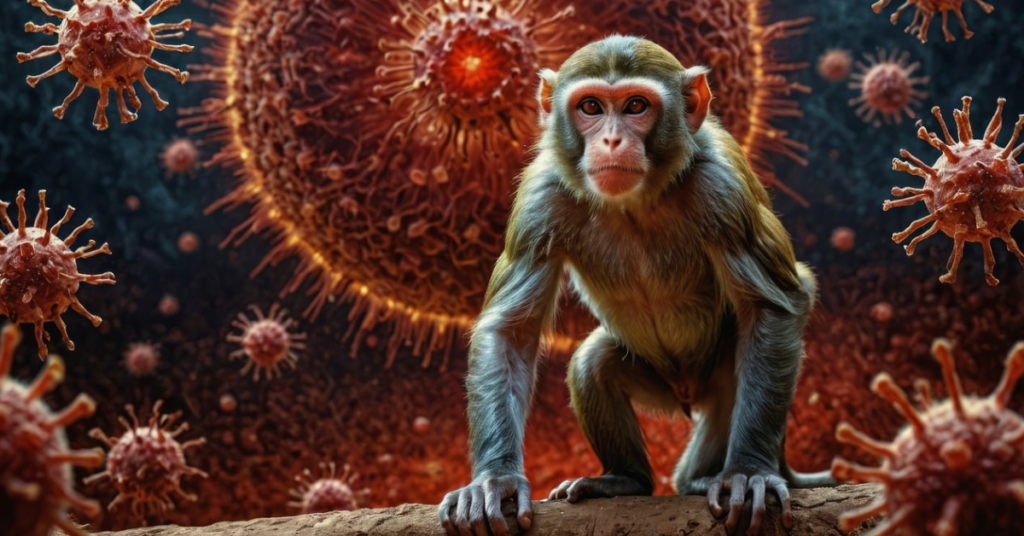 Monkey surrounded by virus particles, representing the zoonotic transmission of monkeypox.