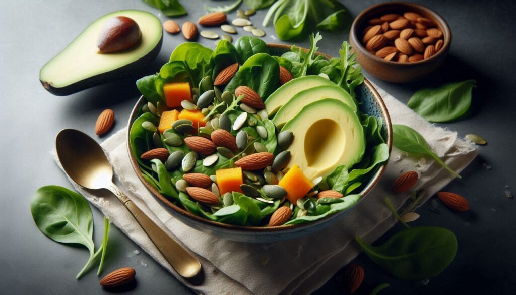 Magnesium-rich foods like leafy greens, nuts, and seeds for better sleep.