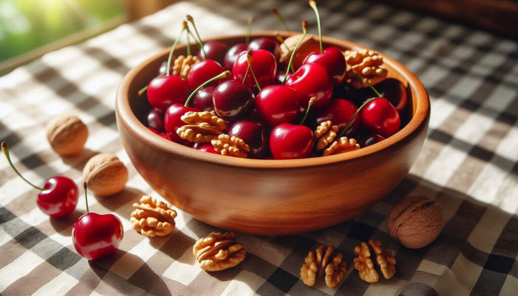 Cherries and walnuts, natural sources of melatonin for improved sleep.