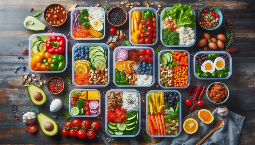 Healthy meal prep with various containers of prepped ingredients and meals, illustrating the benefits of meal planning.