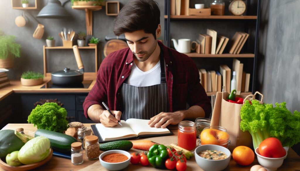 A person creating a healthy meal plan using a planner and cookbooks