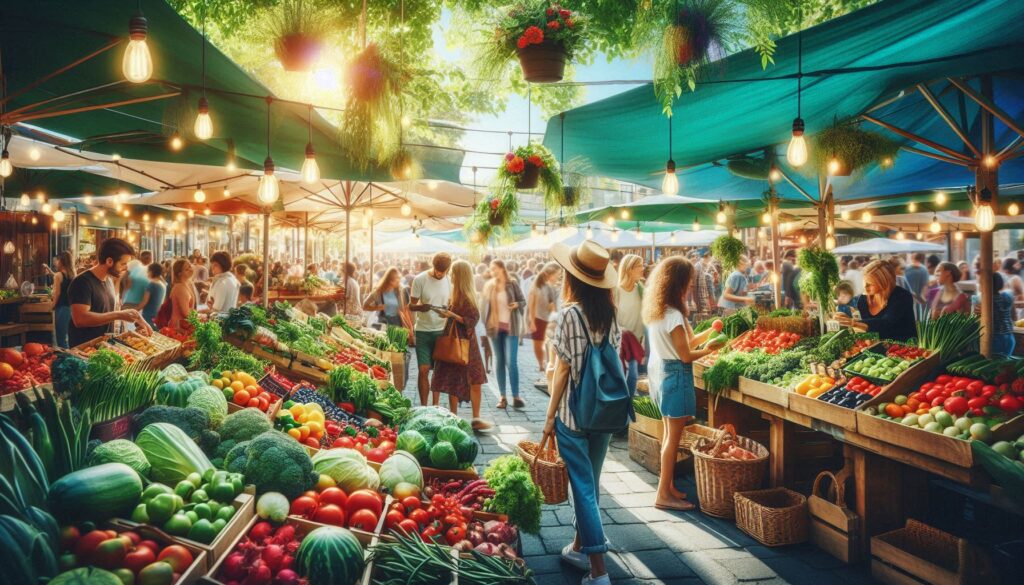 People shopping for local and seasonal produce at a farmer's market, demonstrating sustainable food choices.