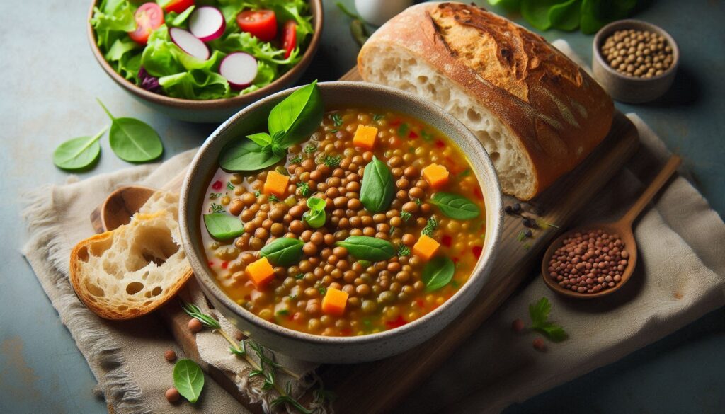 A bowl of lentil soup with a side salad, demonstrating healthy eating on a budget.