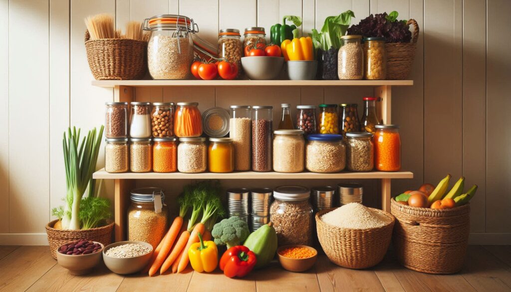 Pantry shelves stocked with affordable, healthy staples for budget-friendly nutrition.