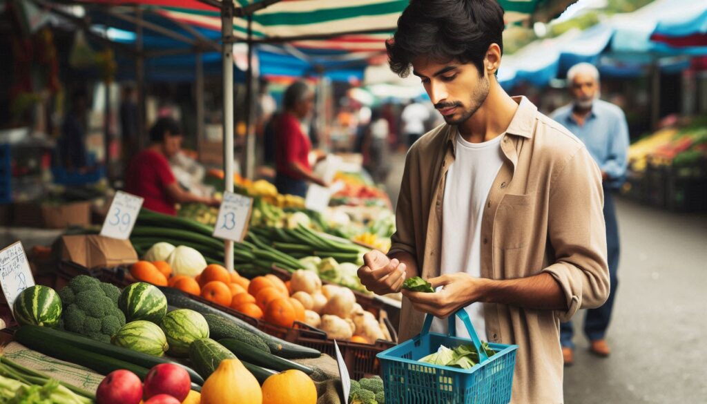 A person shopping for fresh produce, showcasing tips for budget-friendly healthy eating.