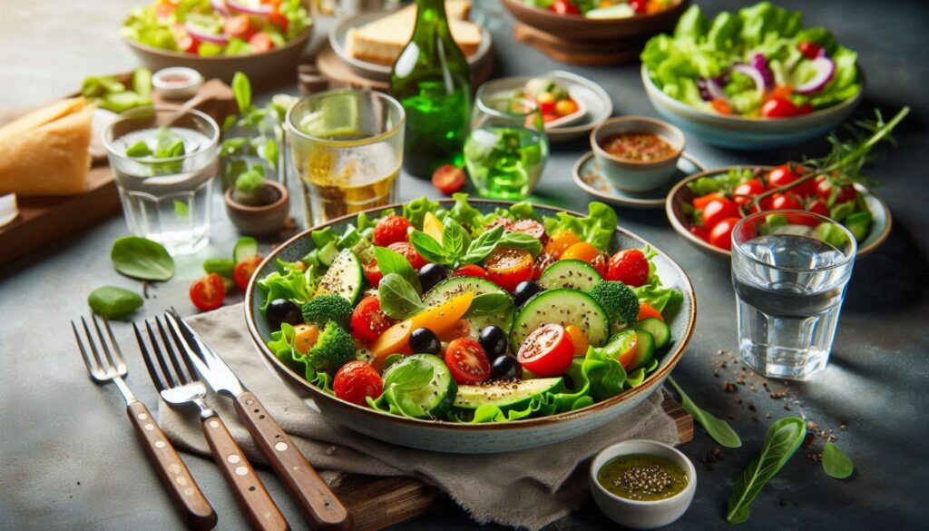 A healthy and colorful meal at a restaurant, demonstrating healthy eating out options.