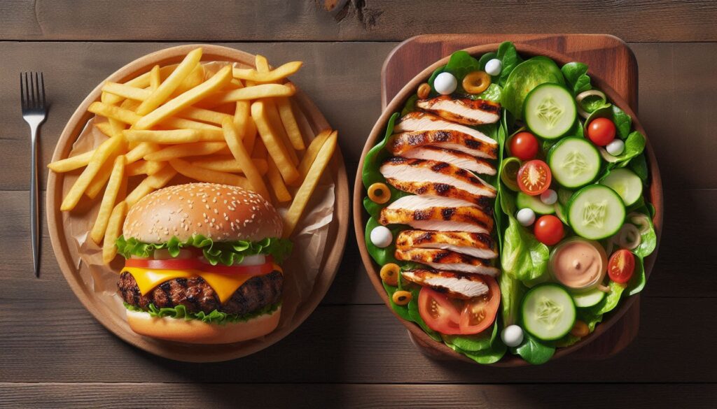 Healthy food swaps for eating out, comparing a burger and fries to a grilled chicken salad