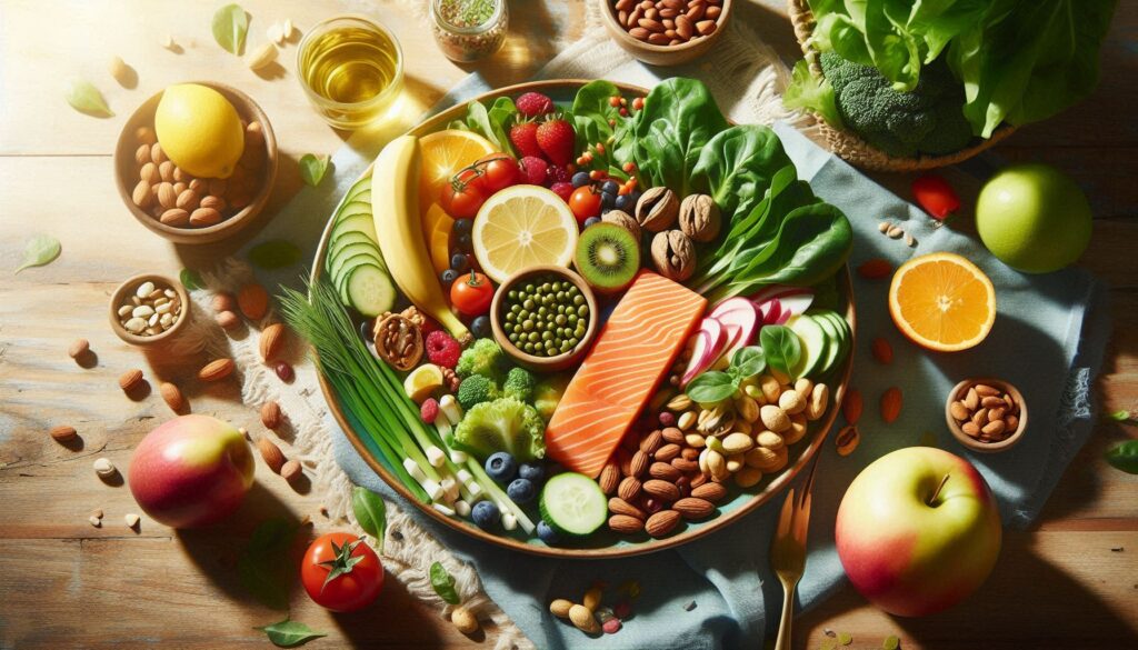 Healthy meal featuring leafy greens, salmon, nuts, and fruits to support women's wellness.