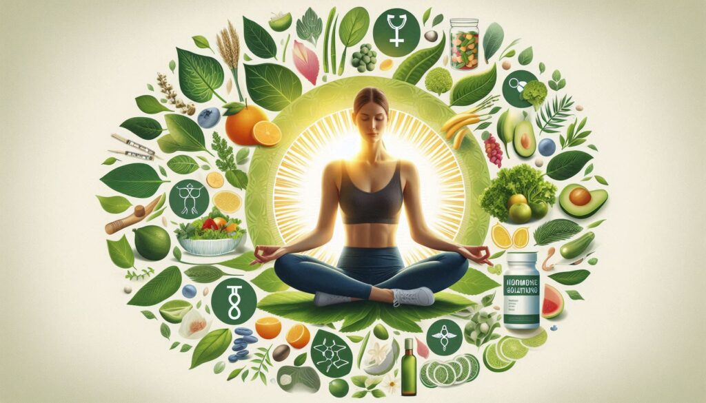 Healthy woman surrounded by natural elements representing diet and lifestyle solutions for hormone balance.