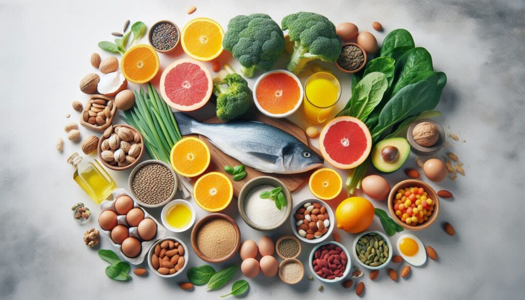 Vitamin-rich foods for women’s health: leafy greens, citrus, fish, eggs, and nuts