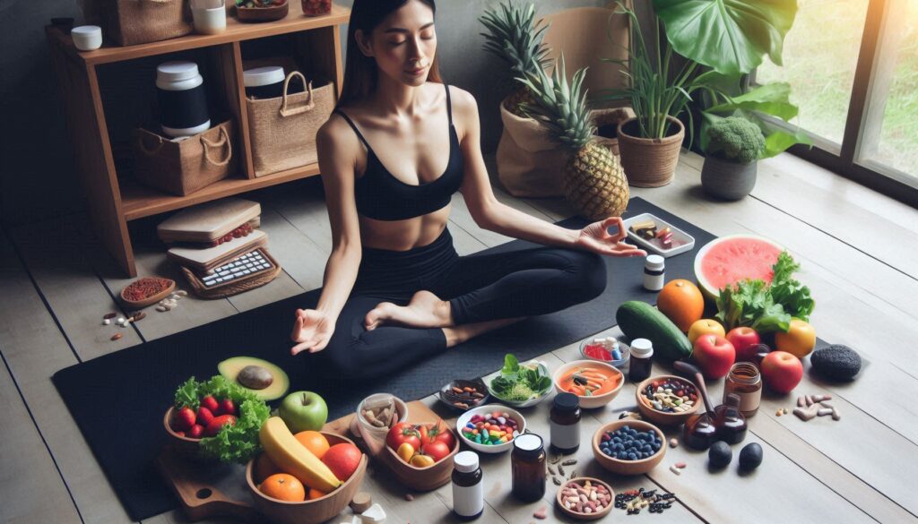 Woman practicing yoga with supplements and healthy food for holistic well-being.