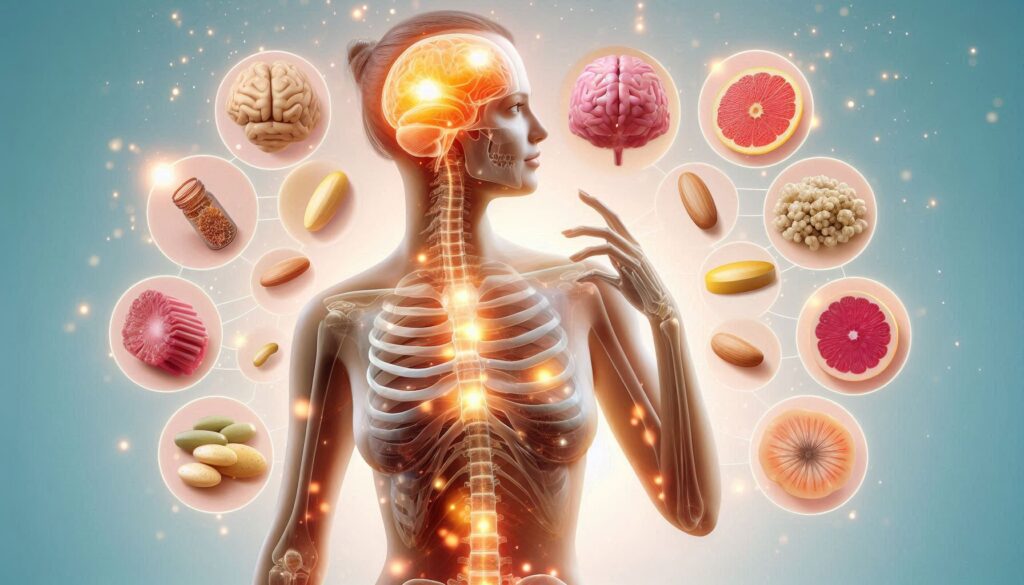 Illustration of how vitamins support women’s health, highlighting bones, brain, and skin.