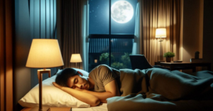 Person sleeping peacefully in a cozy bedroom with moonlight through the window, representing the connection between food and sleep quality.