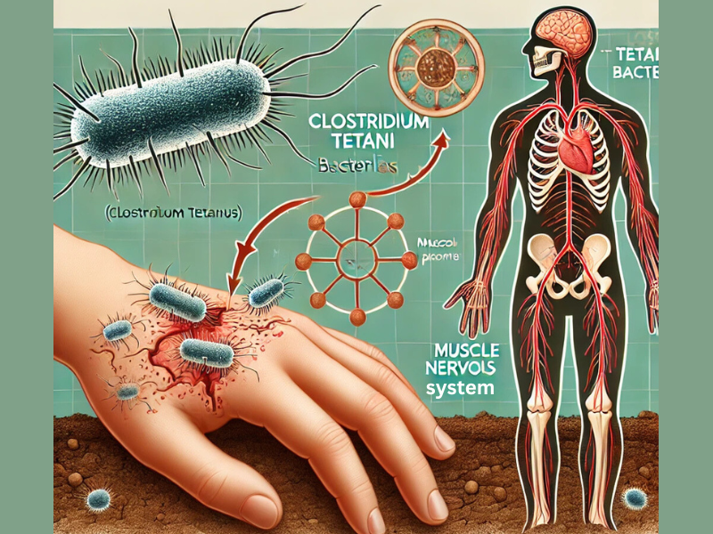 Illustration of Clostridium tetani bacteria entering the body and affecting the nervous system, causing tetanus.