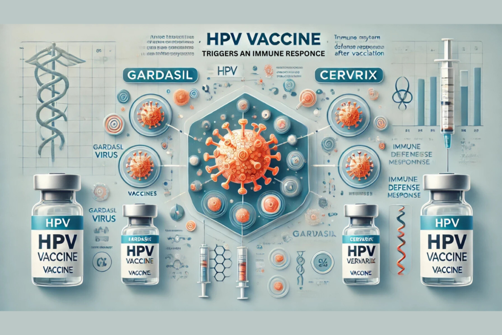 Diagram showing how the HPV vaccine works by triggering an immune response to prevent HPV infections.