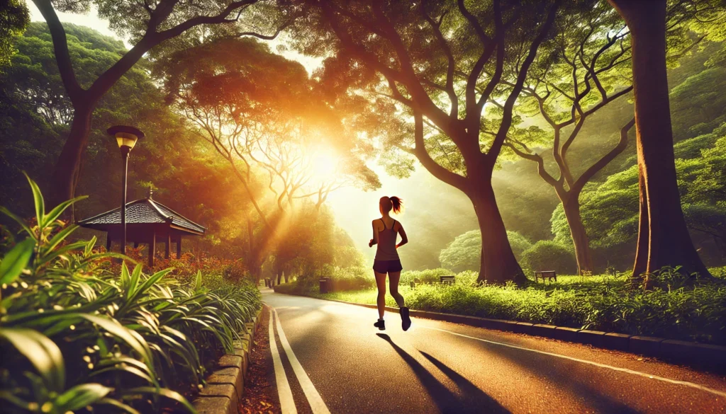 Woman jogging in a park, promoting bone health through weight-bearing exercise.