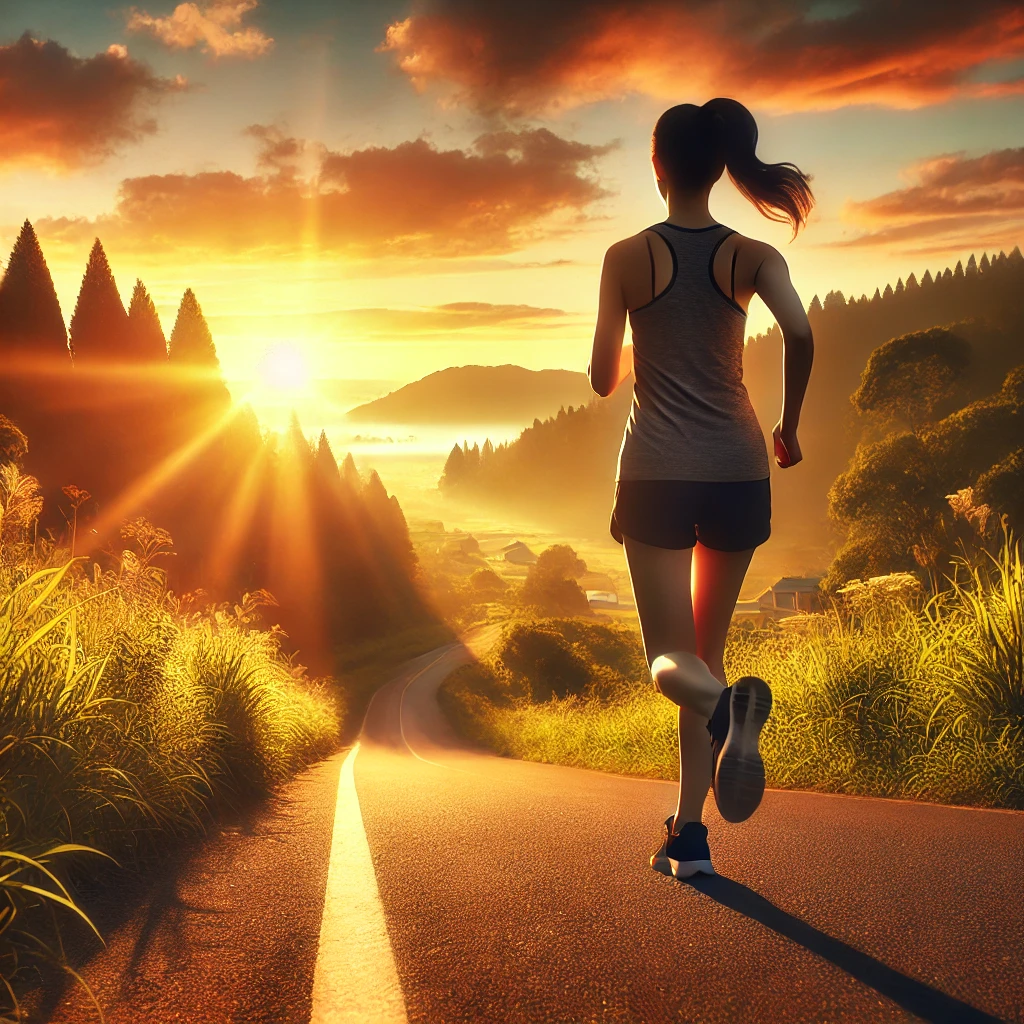 Woman jogging on a scenic trail during sunrise for heart health and stress reduction.