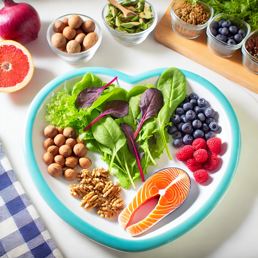 Heart-shaped plate filled with leafy greens, salmon, nuts, and berries symbolizing a heart-healthy diet.