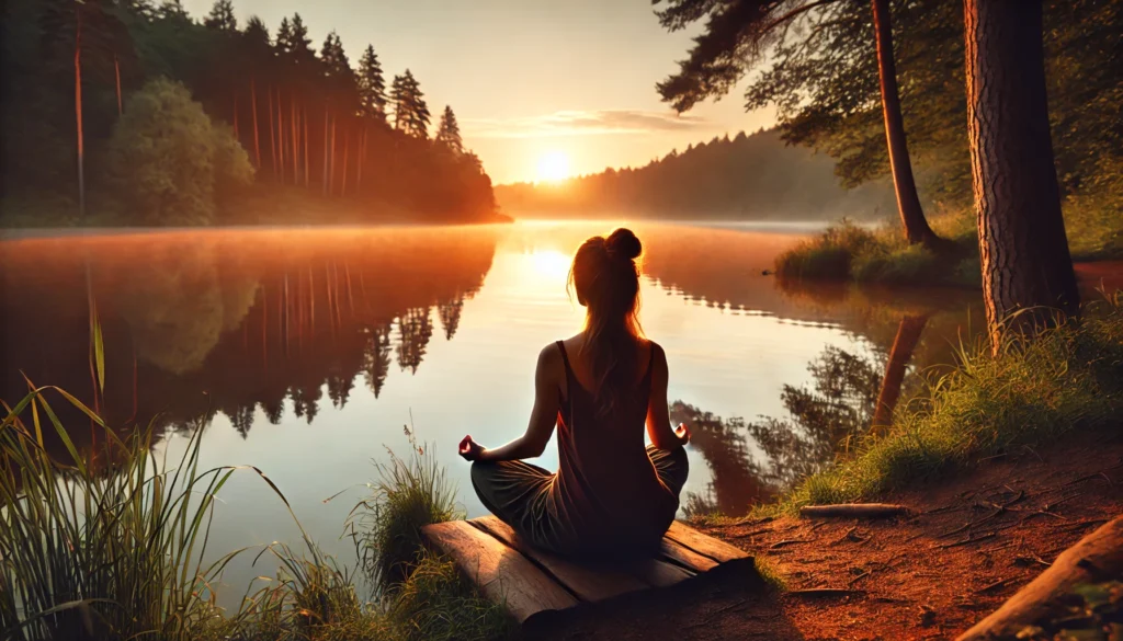 Woman meditating outdoors by a calm lake during sunset for stress reduction and heart health.