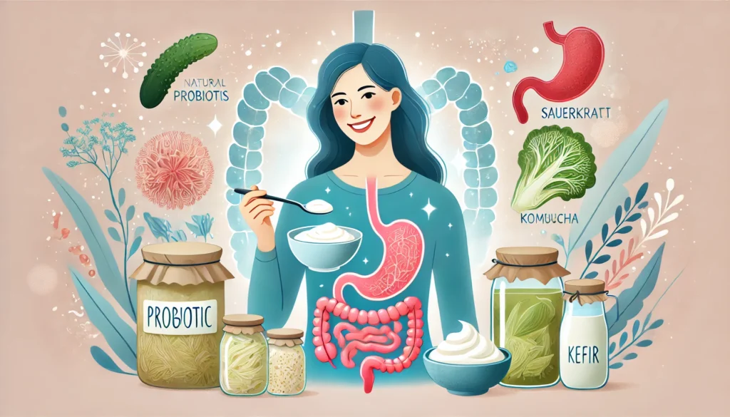 Smiling woman holding yogurt, surrounded by probiotic-rich fermented foods like kimchi, sauerkraut, and kombucha, with a glowing healthy gut illustration.