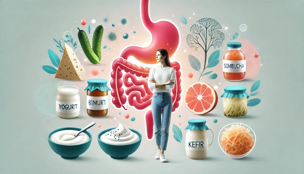 Illustration of a woman surrounded by probiotic-rich foods like yogurt, kimchi, sauerkraut, and kombucha, with a glowing gut microbiome in the background.