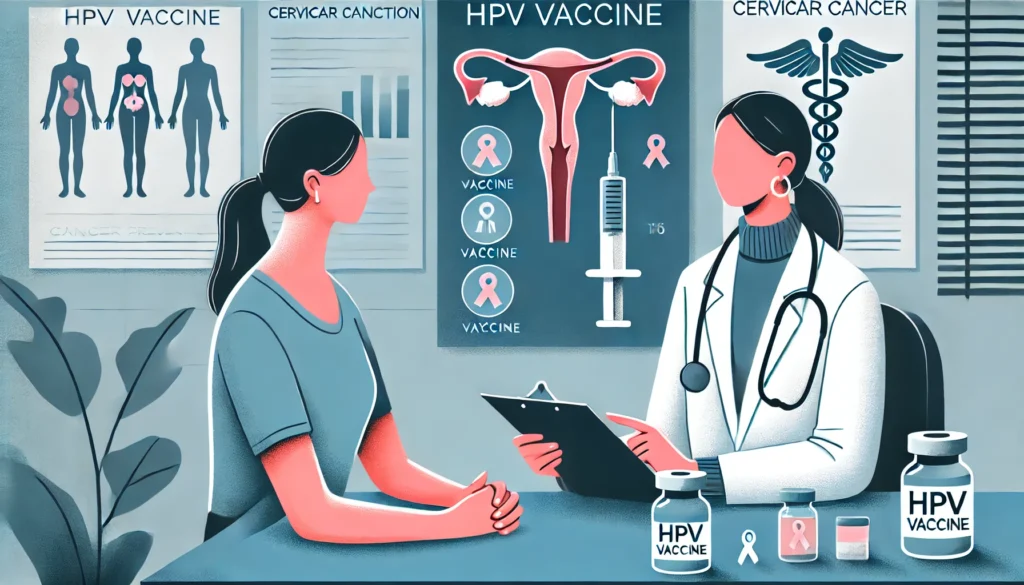 Healthcare provider discussing HPV vaccine with patient, showing vaccine and cervical cancer prevention statistics.