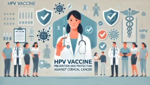 A healthcare professional holding a syringe representing the HPV vaccine, with background icons of shields, viruses, and checkmarks symbolizing protection and health, and a bold title 'HPV Vaccine: Prevention and Protection Against Cervical Cancer