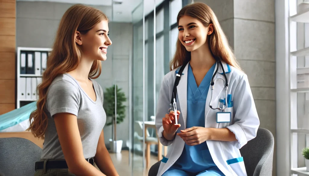 Healthcare professional holding a syringe, explaining the importance of the tetanus shot to a patient in a modern clinic.