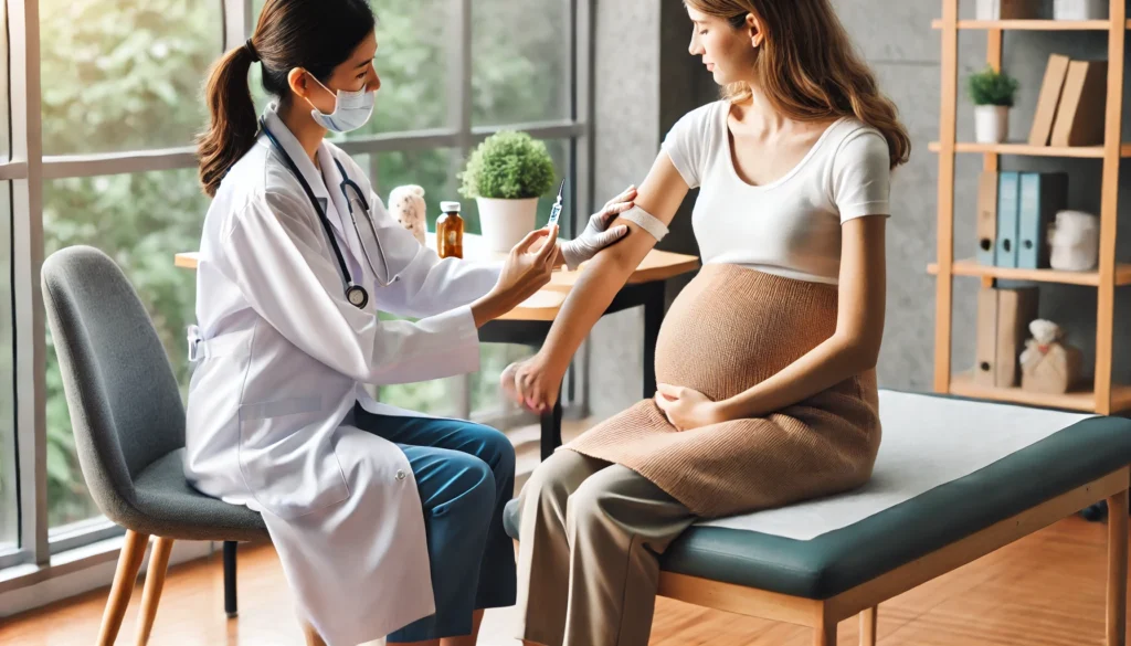 Pregnant woman receiving a tetanus vaccine to protect herself and her newborn.