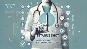 Healthcare provider holding a syringe, symbolizing the tetanus shot, with medical icons in the background representing safety and protection.