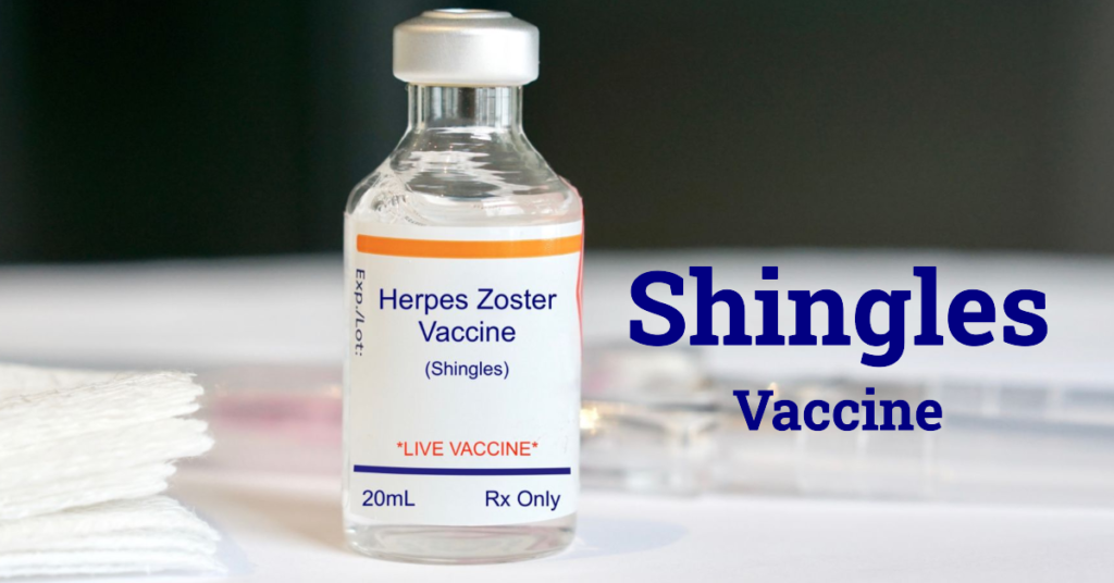 A vial labeled Herpes Zoster Vaccine (Shingles), representing the shingles vaccine for adult protection.