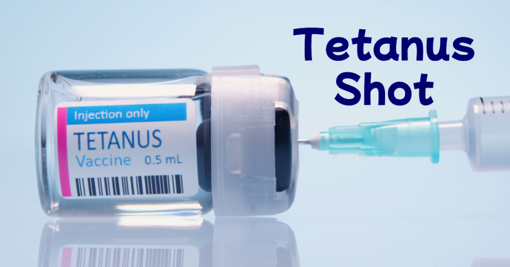 Close-up of a syringe labeled Tetanus Vaccination, held by a gloved hand, representing the importance of tetanus protection.