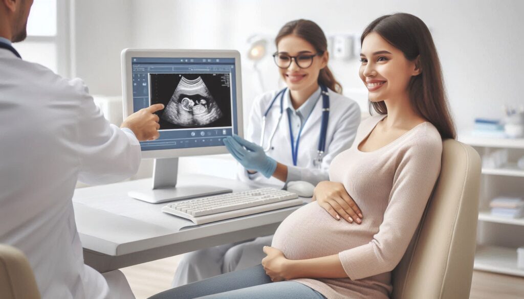 Pregnant woman at a doctor's office receiving prenatal care during a routine check-up.