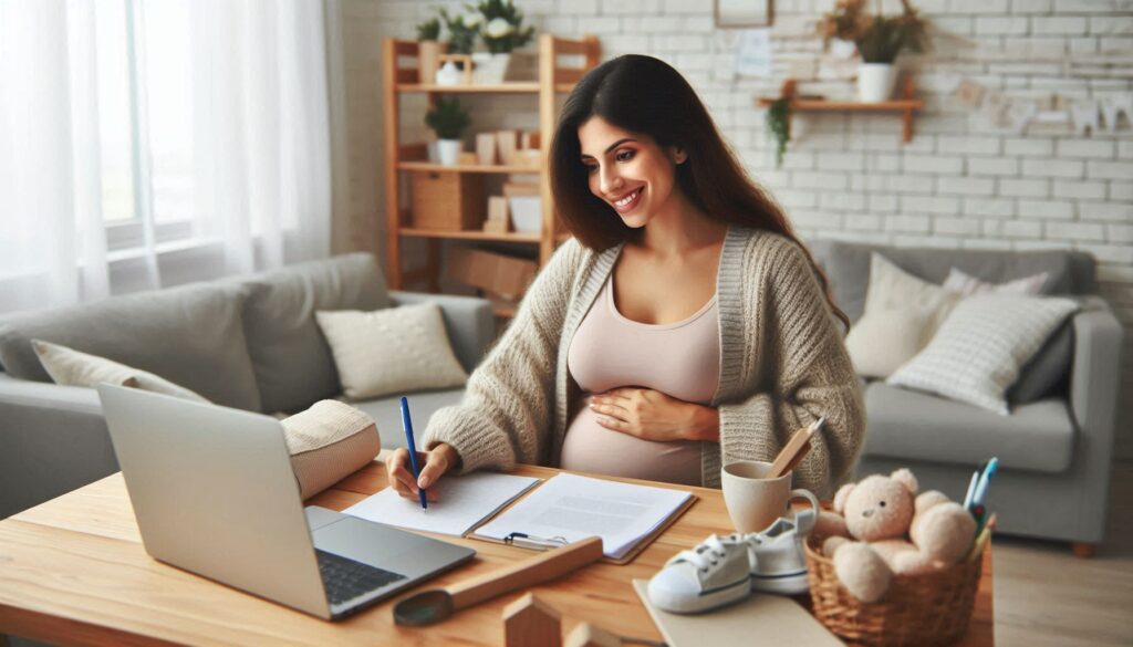 Pregnant woman writing her birth plan at home as part of prenatal care preparation.