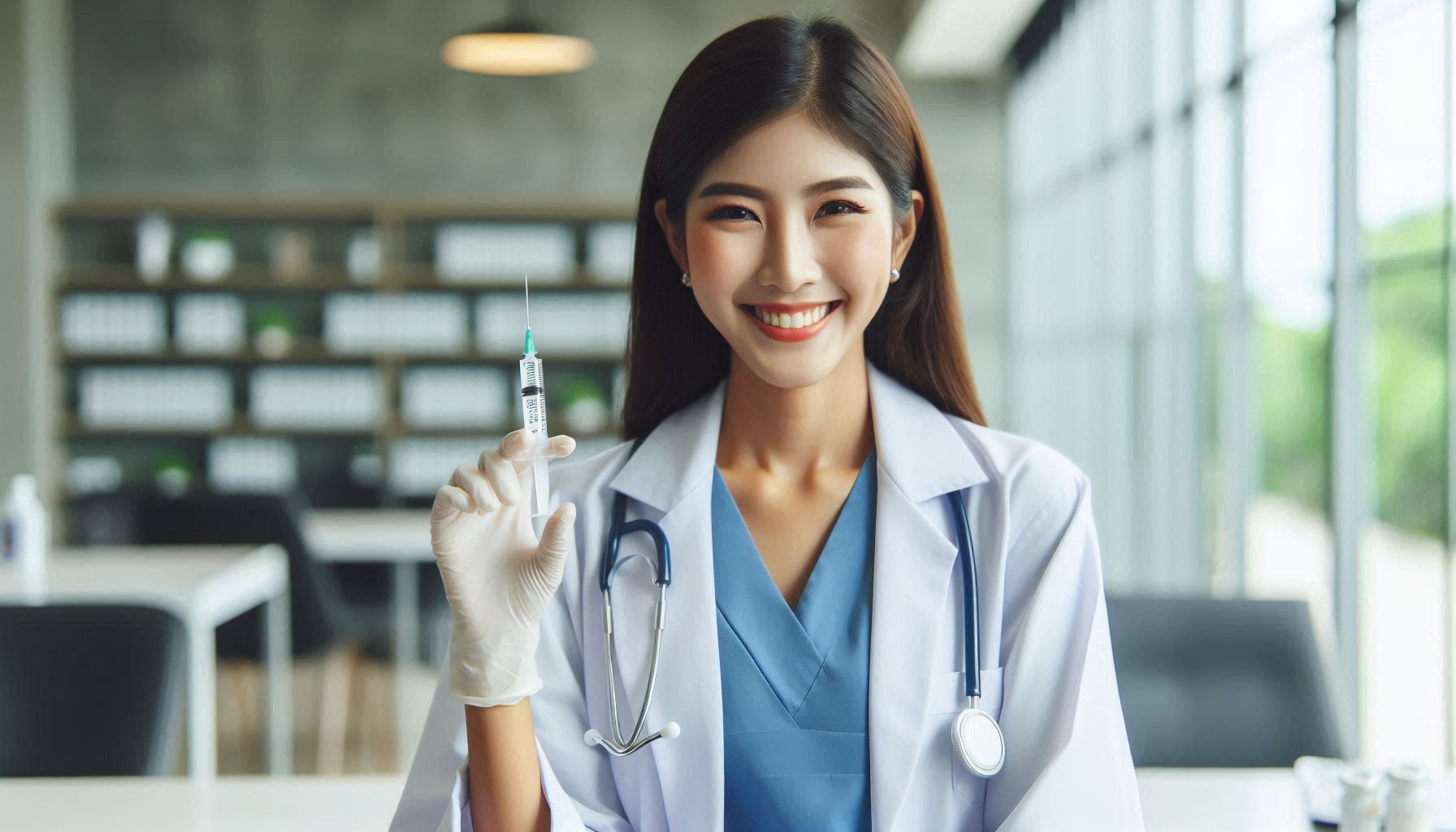 Healthcare worker holding a flu shot syringe in a modern clinic.