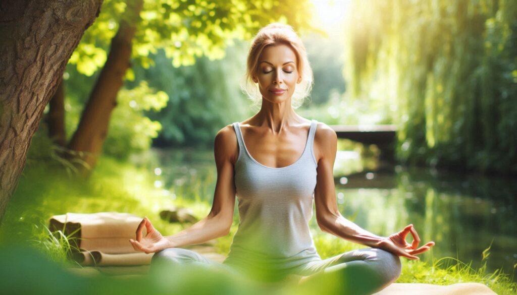 Woman practicing yoga for natural menopause relief.